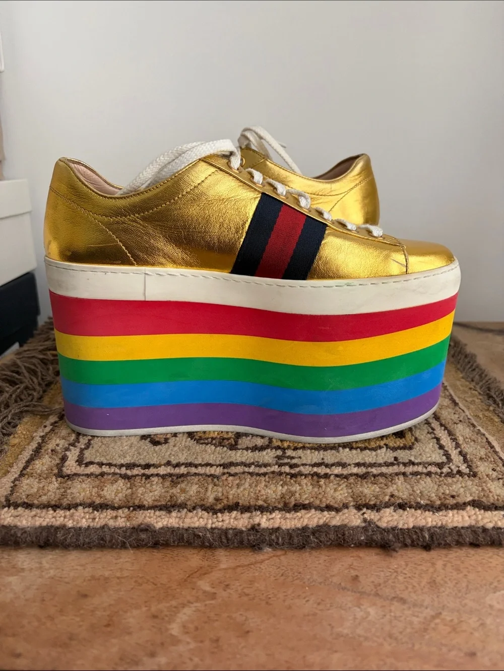 Gucci- PEGGY Gold Rainbow Platform Sneakers - Women's  Lace-Up sz 36 - DAMAGED
